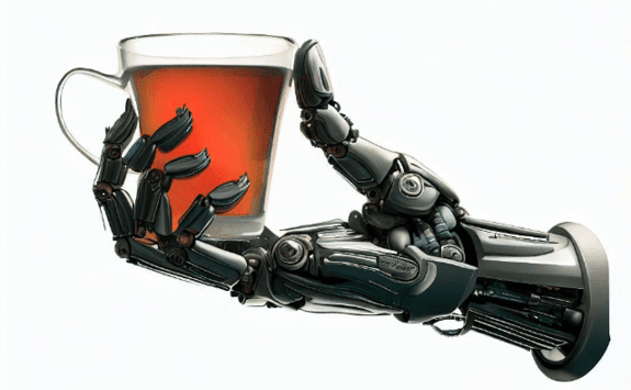 Bionic hand holding cup of tea